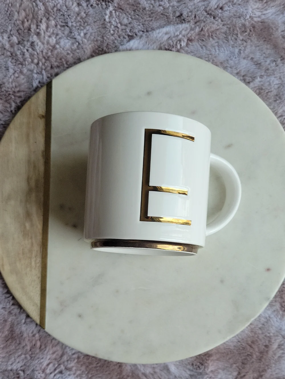 Williams Sonoma White Ceramic Mug with Brassy Gold Initial E and Gold Trim